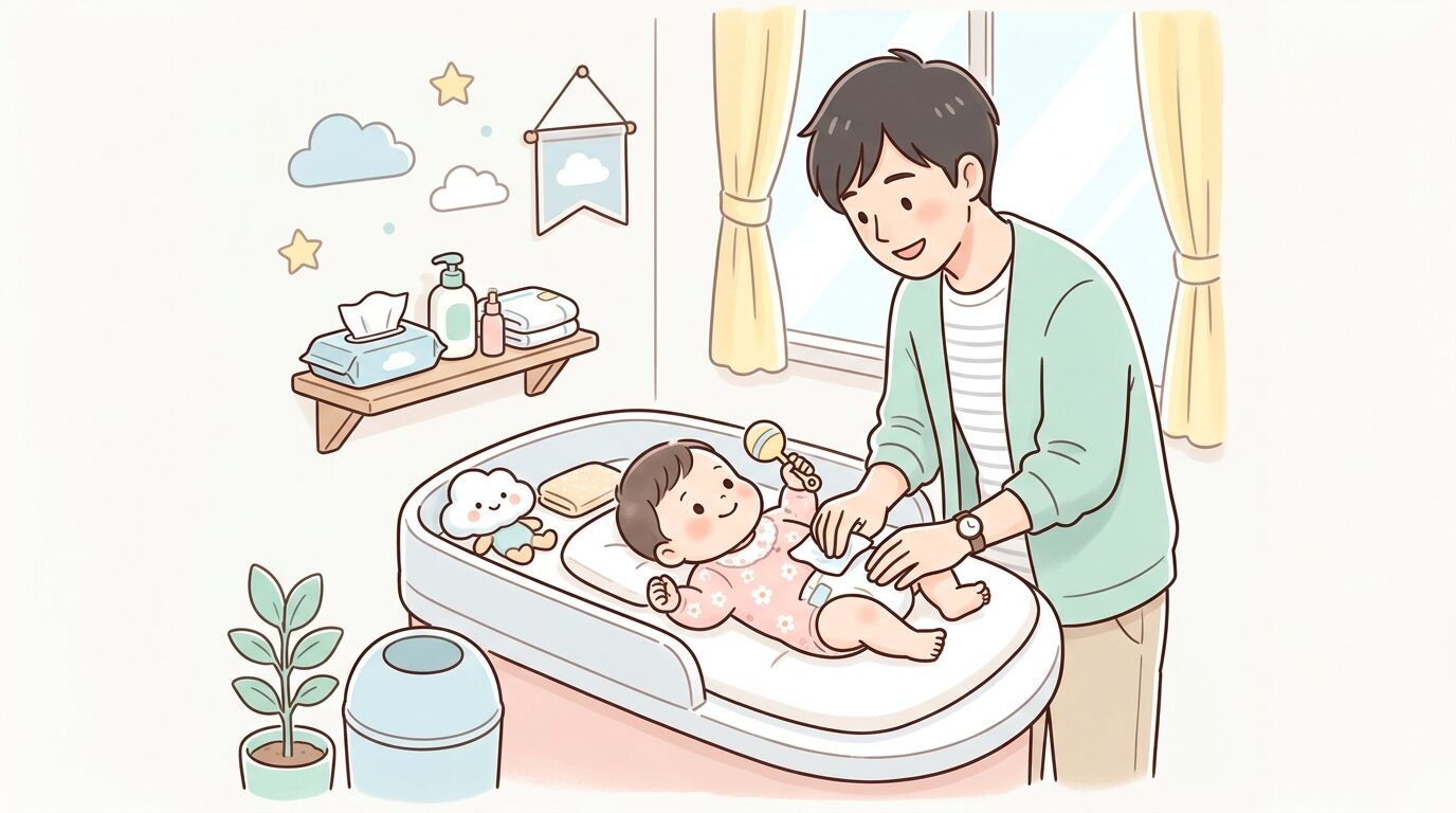 明るく清潔な授乳室でおむつ交換台を使う若い父親と赤ちゃん