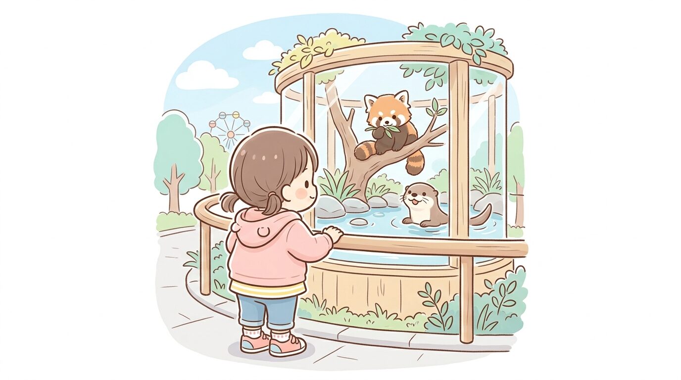 レッサーパンダやカワウソを興味深そうに見つめる小さな子どもの後ろ姿