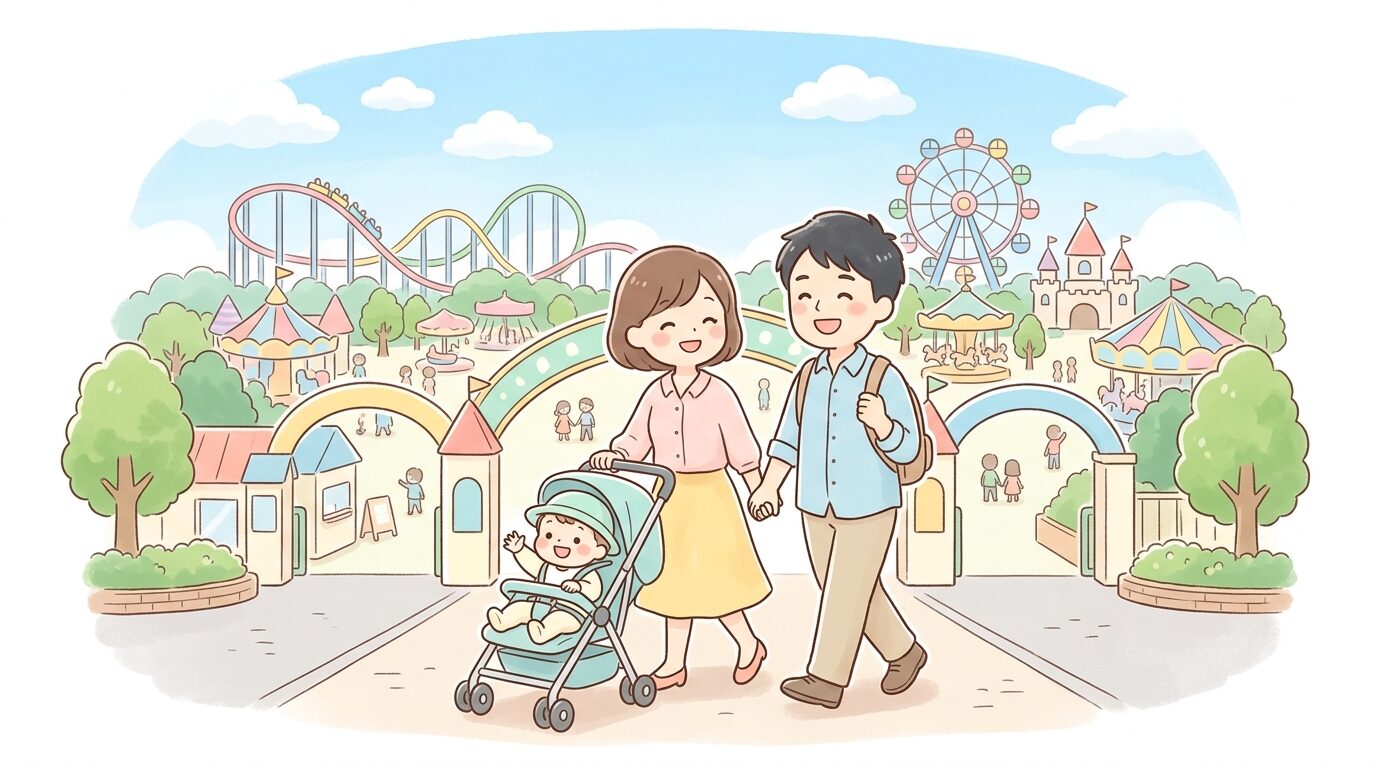 広大な遊園地の入り口で親子がベビーカーを押しながら笑顔で歩いている様子
