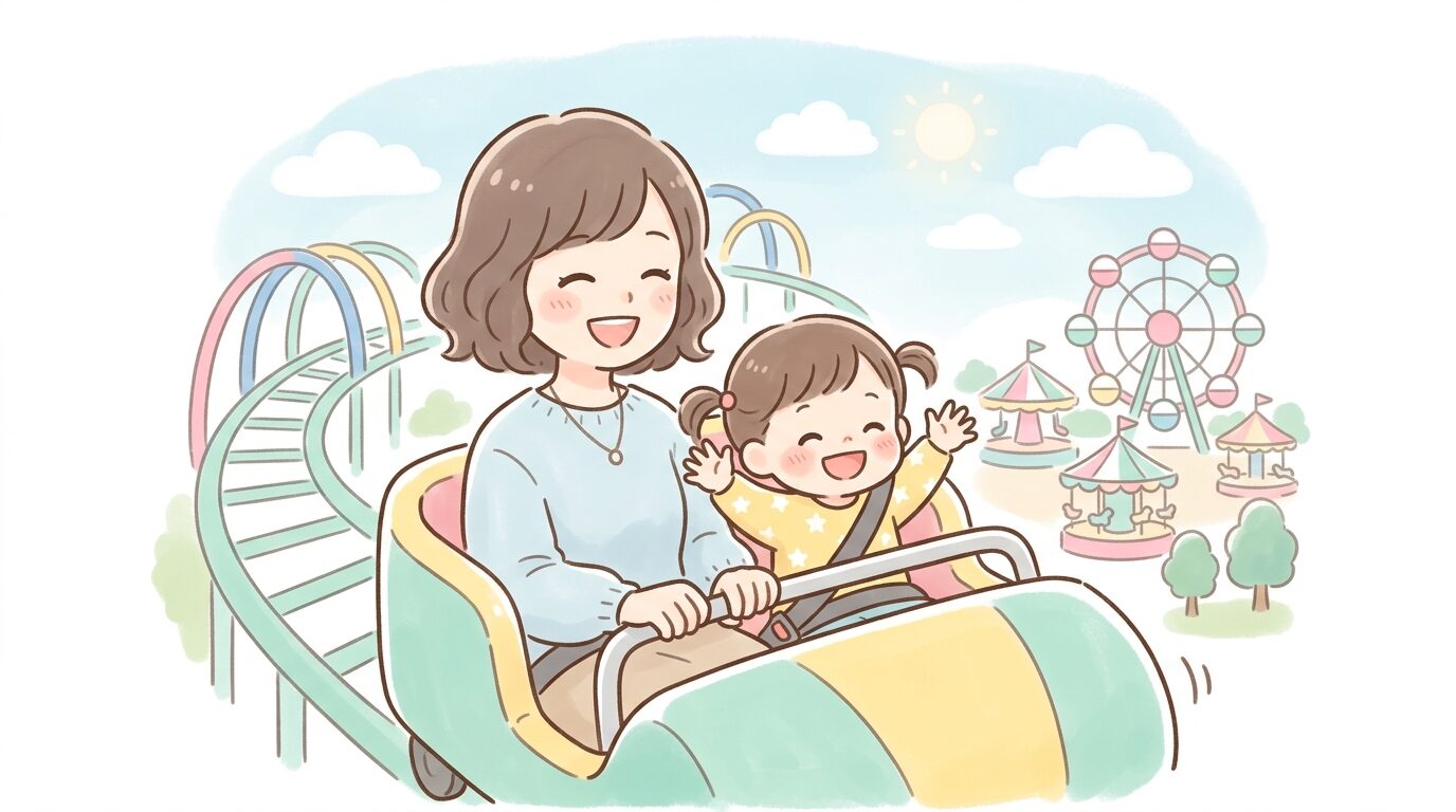 遊園地でジェットコースターに親子で乗って楽しそうに笑う2歳くらいの子ども