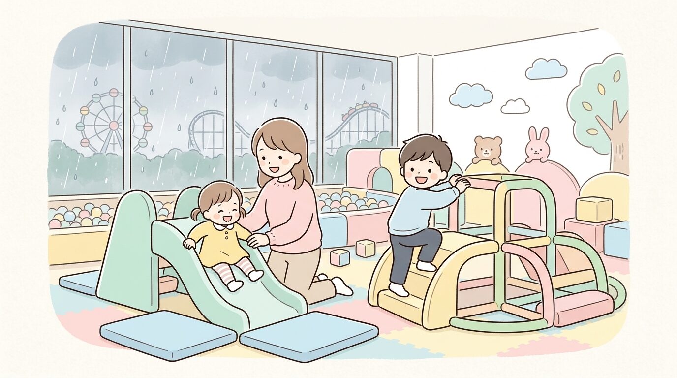 雨の日に屋内の遊具スペースで遊ぶ親子連れの様子