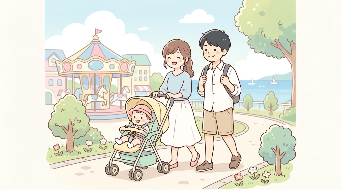 晴れた日にラグーナテンボスの園内でベビーカーを押す若い夫婦と1歳くらいの赤ちゃん