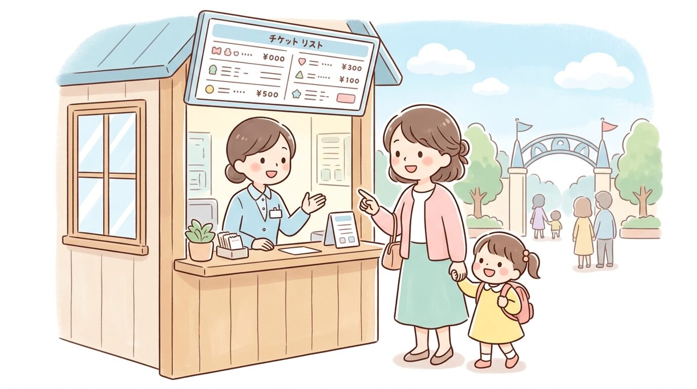 チケットブースで料金表を見ながら子連れの母親がスタッフに相談している様子