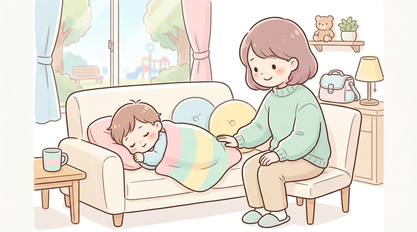 レンタルルームのソファでお昼寝する幼児とそばで見守る母親の穏やかな様子