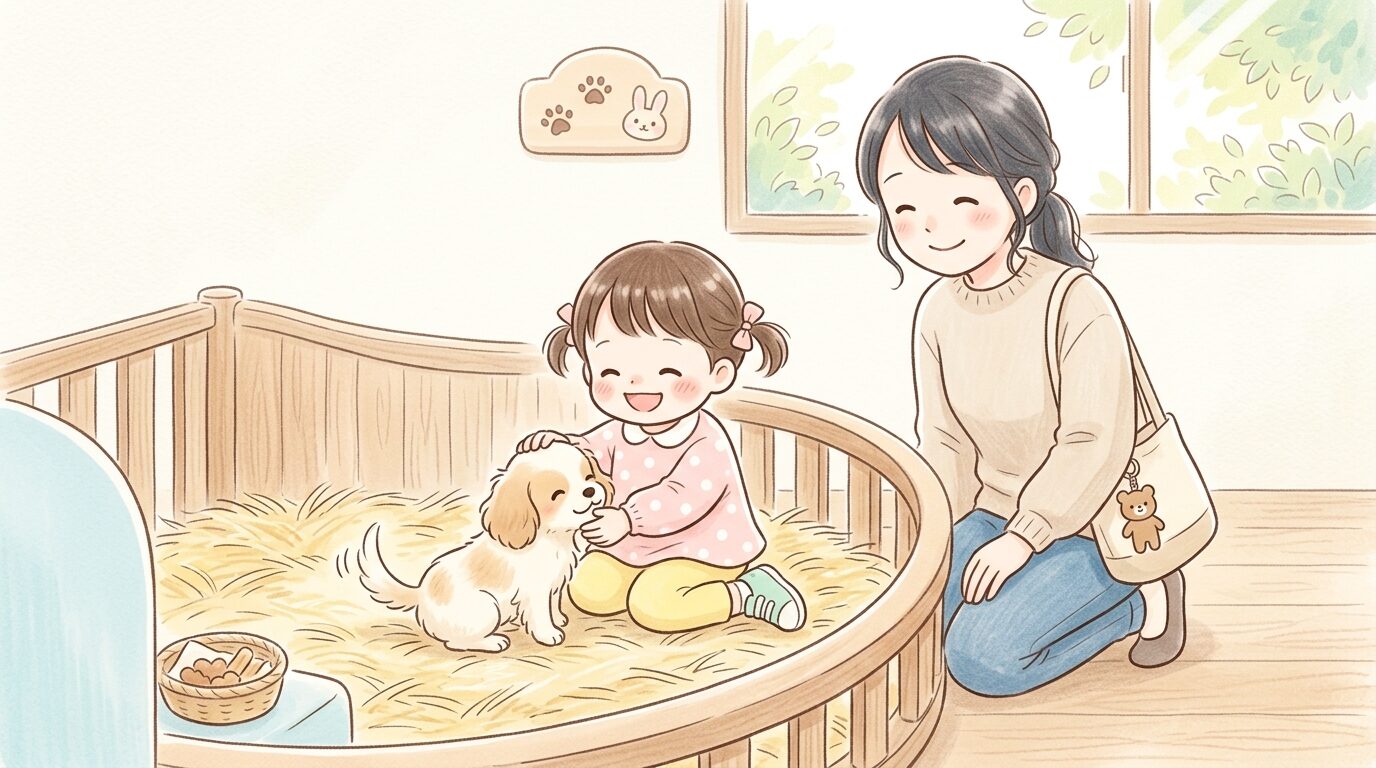 動物とのふれあいコーナーで子犬をなでる2歳ぐらいの女の子と見守る母親