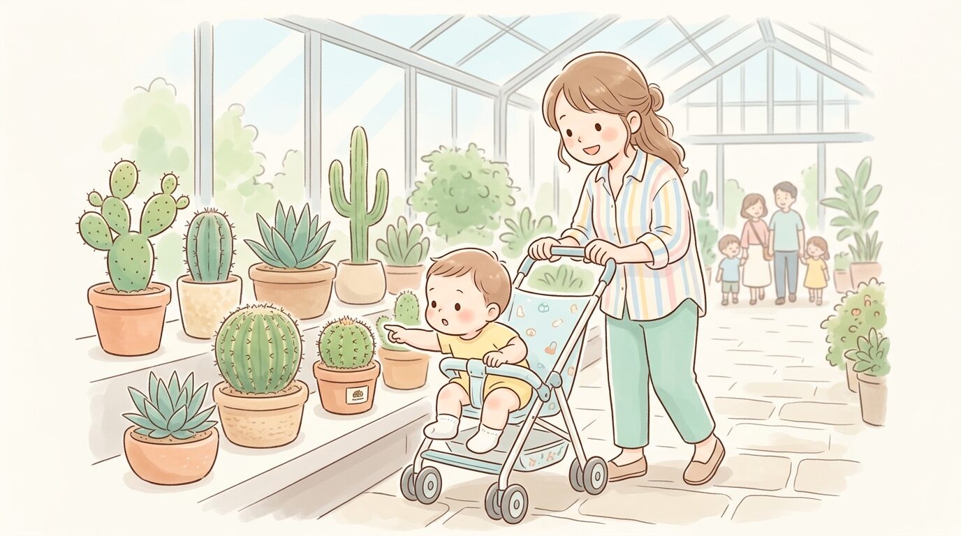 温室内でサボテンを興味深そうに見つめる1歳前後の赤ちゃんとベビーカーを押す母親