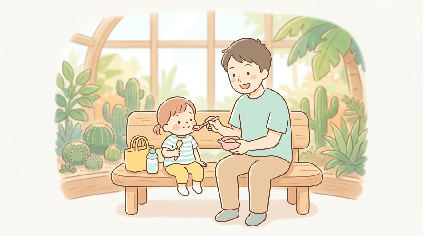 屋内の温室エリアのベンチで離乳食を食べさせる父親と2歳くらいの子ども