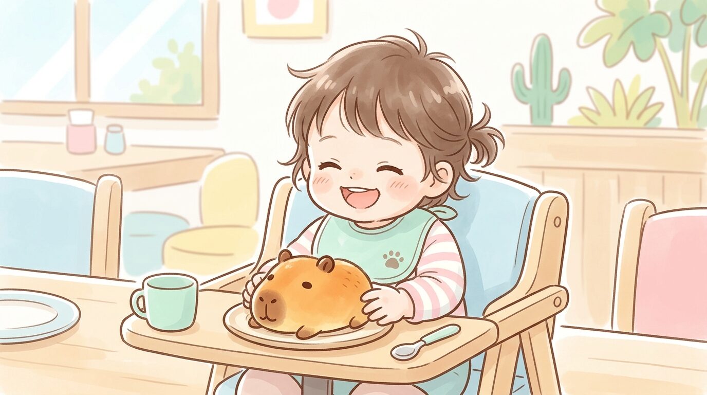 レストランのベビーチェアに座ってカピバラの形をしたパンを見て笑う子ども