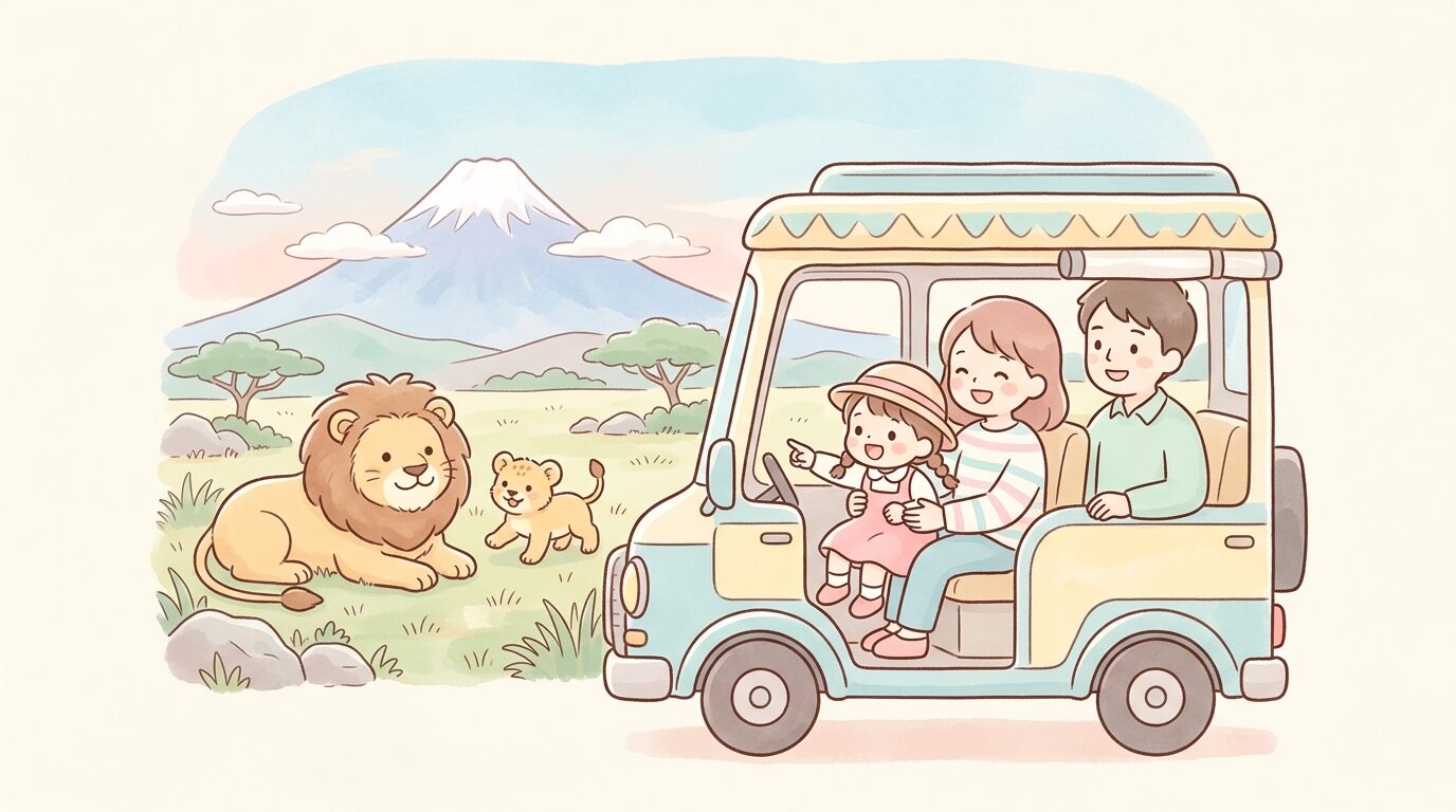 富士山を背景にサファリカーの中からライオンを眺める小さな子どもと両親