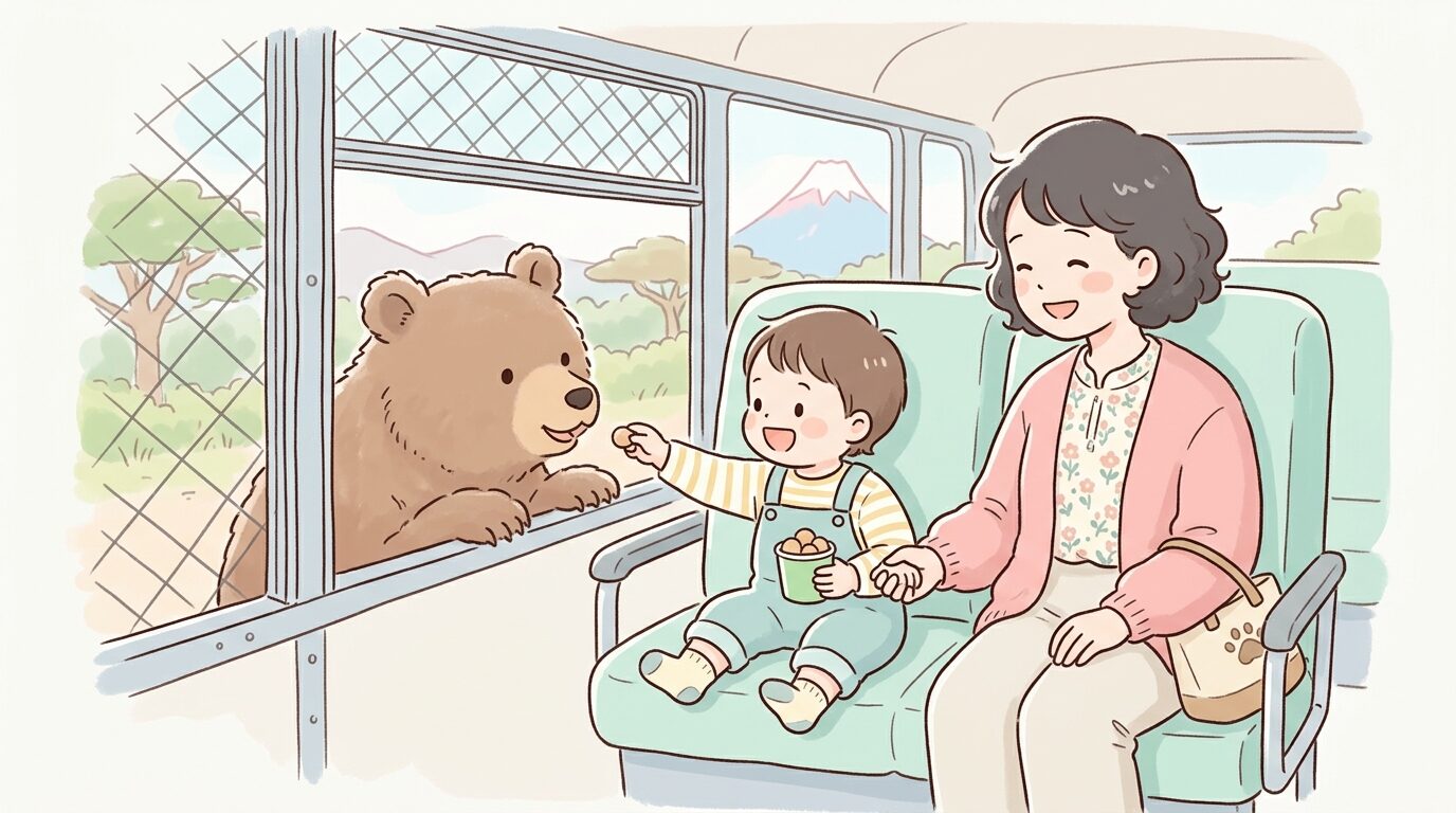 ジャングルバスの車内でクマにエサをあげようとする幼児と見守る母親