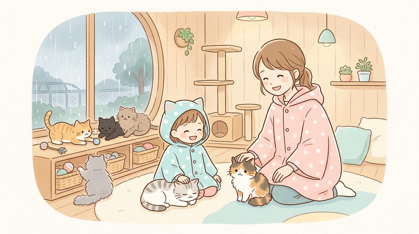 雨の日にカッパを着て屋内のネコの館でネコと触れ合う親子