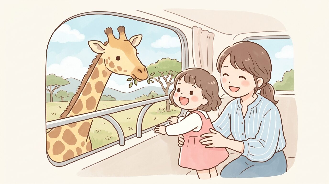 サファリカーの窓越しにキリンを見つめて笑顔ではしゃぐ2歳くらいの子どもと母親