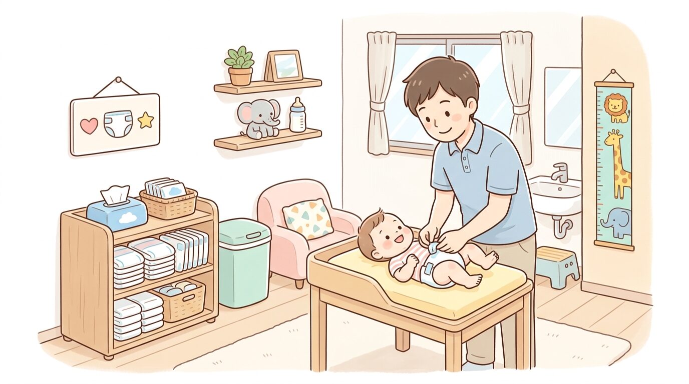 おむつ替え台が設置された清潔な赤ちゃん休憩室で身支度をする父親と赤ちゃん