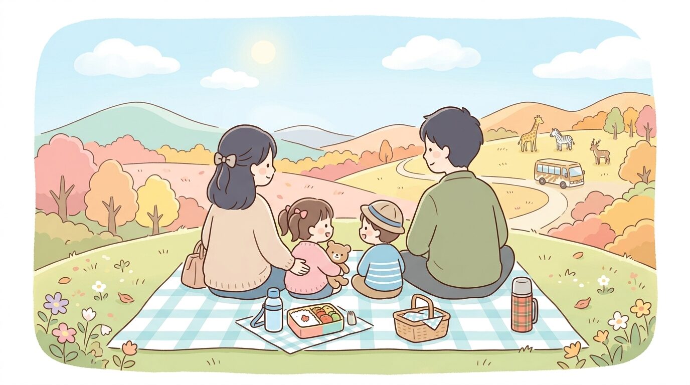 秋の穏やかな日差しの中、親子でピクニックシートを広げて休憩する家族の後ろ姿