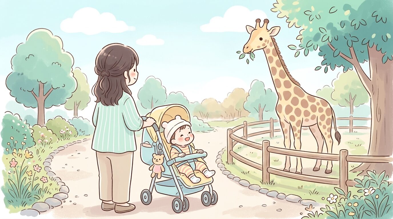 ベビーカーに乗った1歳児がキリンを見上げて笑顔になっている親子の後ろ姿