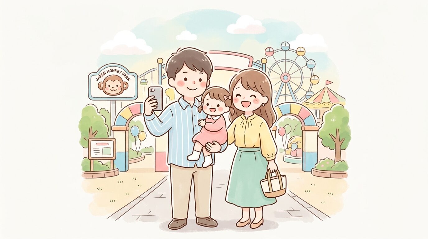 遊園地の入り口で小さな子どもを抱っこする若い夫婦が笑顔で記念撮影をしている様子