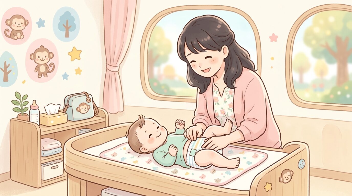ベビールームでおむつ交換台の上に赤ちゃんを寝かせて優しくお世話をする母親の手元