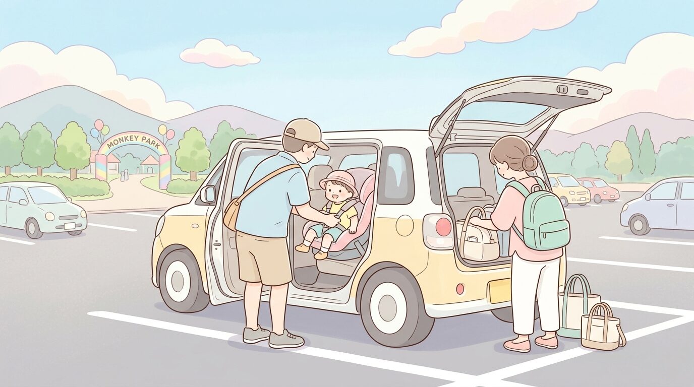 広い駐車場でチャイルドシートから子どもを降ろして荷物をまとめる家族の後ろ姿
