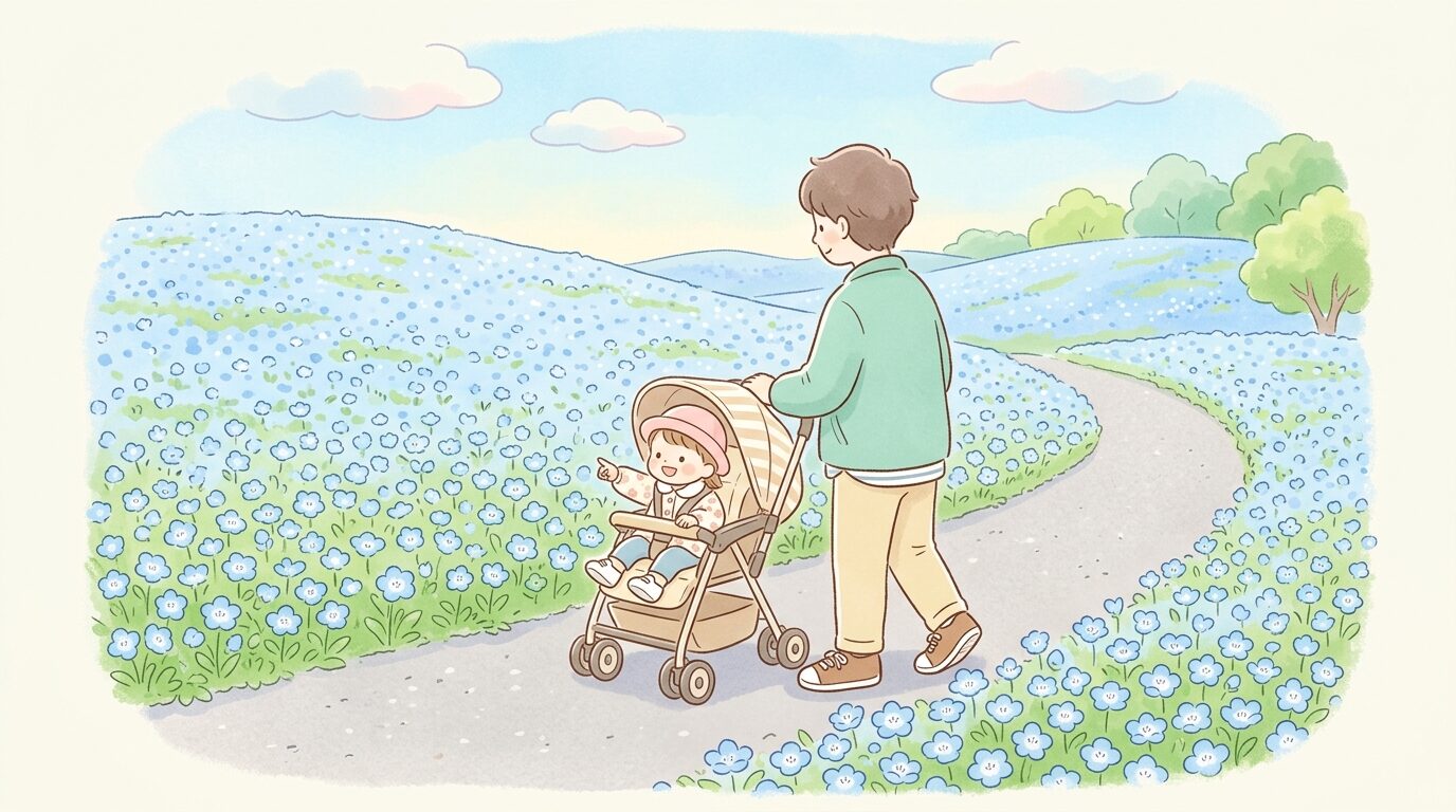 春のネモフィラが咲き誇る丘でベビーカーを押しながら歩く父親と幼い子供の後ろ姿