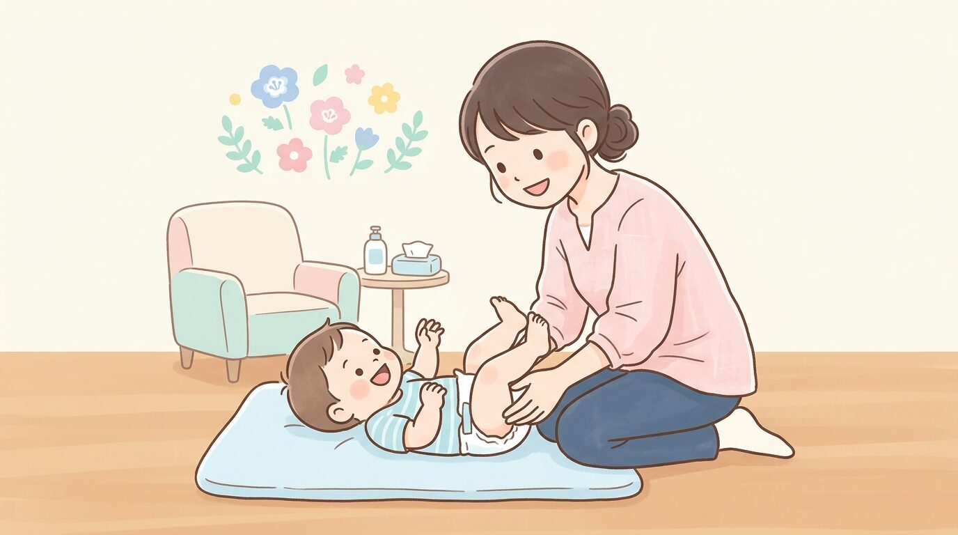 授乳室でおむつ交換をする母親と、隣で笑っている赤ちゃんの様子
