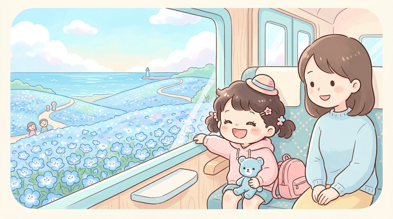 シーサイドトレインの車窓から花畑を眺めて笑顔を見せる3歳くらいの子供