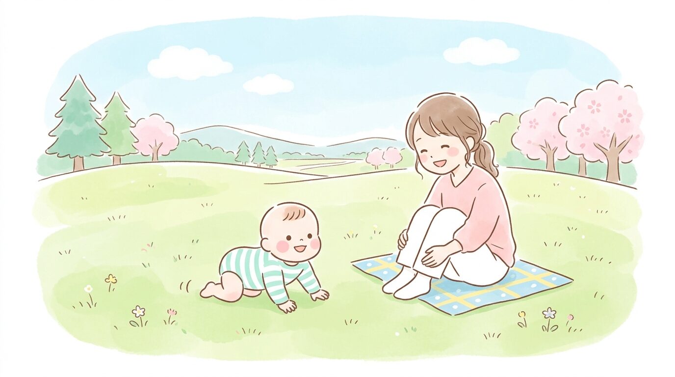 広い芝生広場でハイハイをする赤ちゃんと、その隣で優しく見守る若い母親の姿