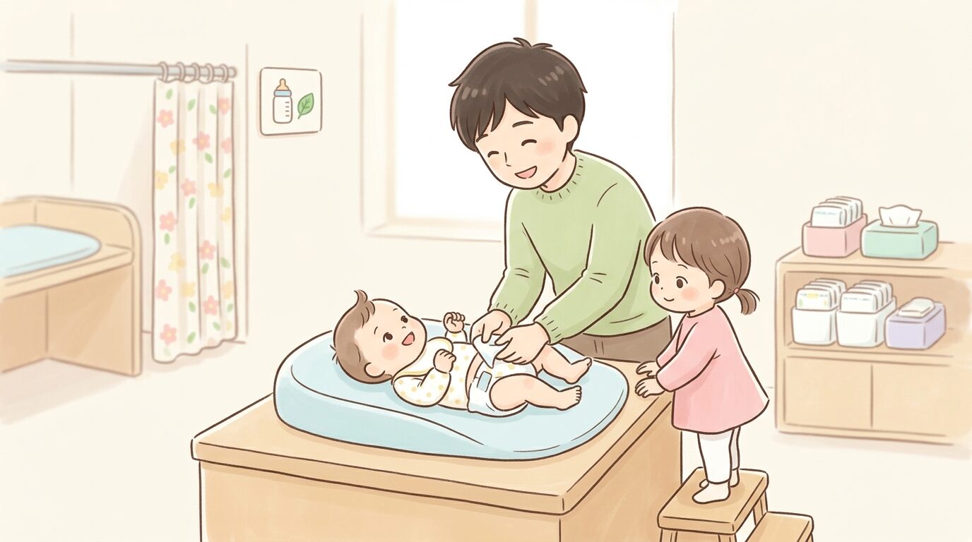 赤ちゃん休憩室でおむつ替えシートを使う父親と、その様子を見つめる1歳の子ども