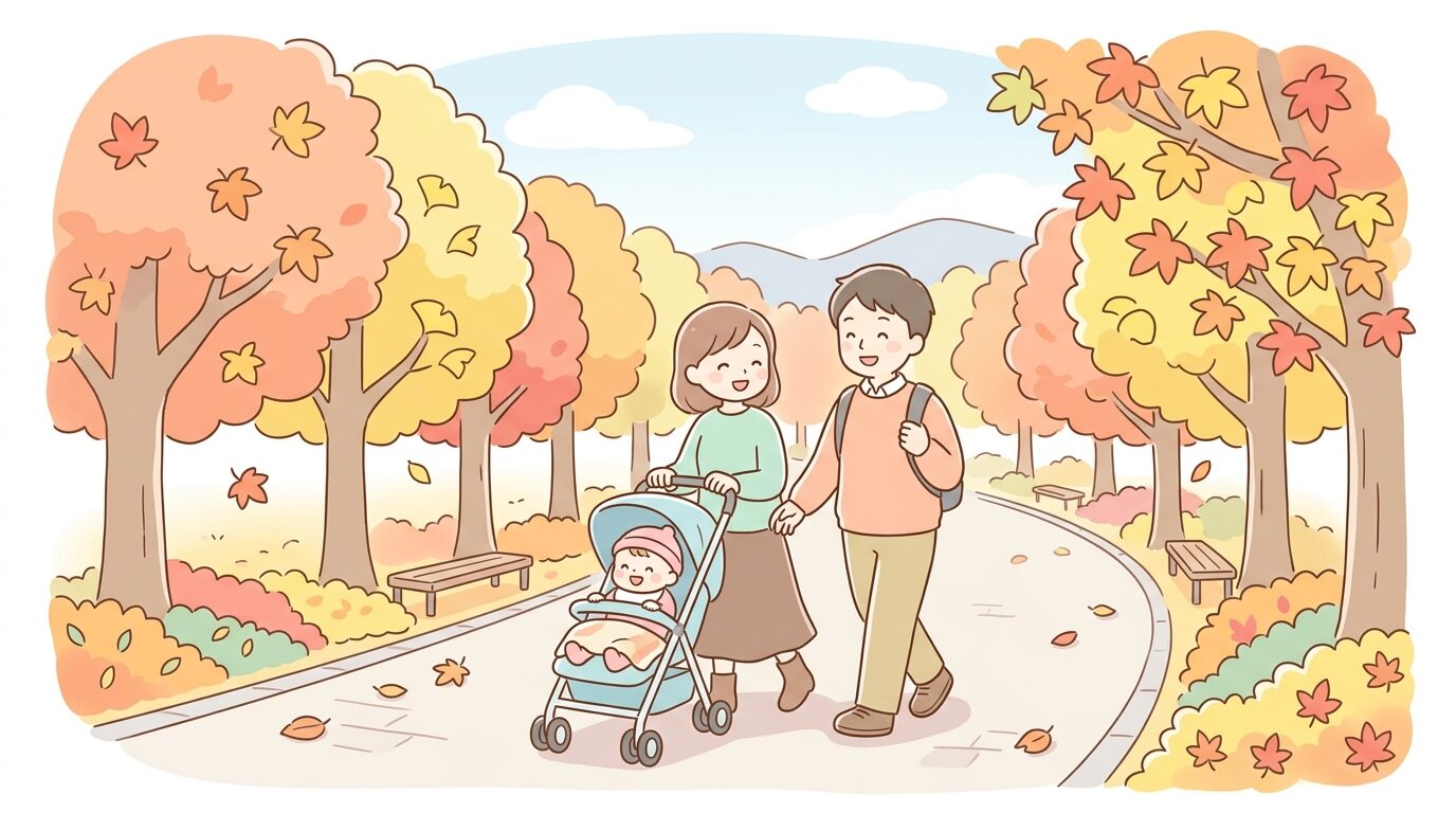 秋の紅葉並木を背景にベビーカーを押しながら散歩する家族