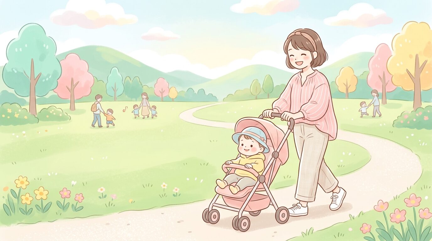 芝生広場でベビーカーを押しながら笑顔で散歩する30代の母親と1歳児