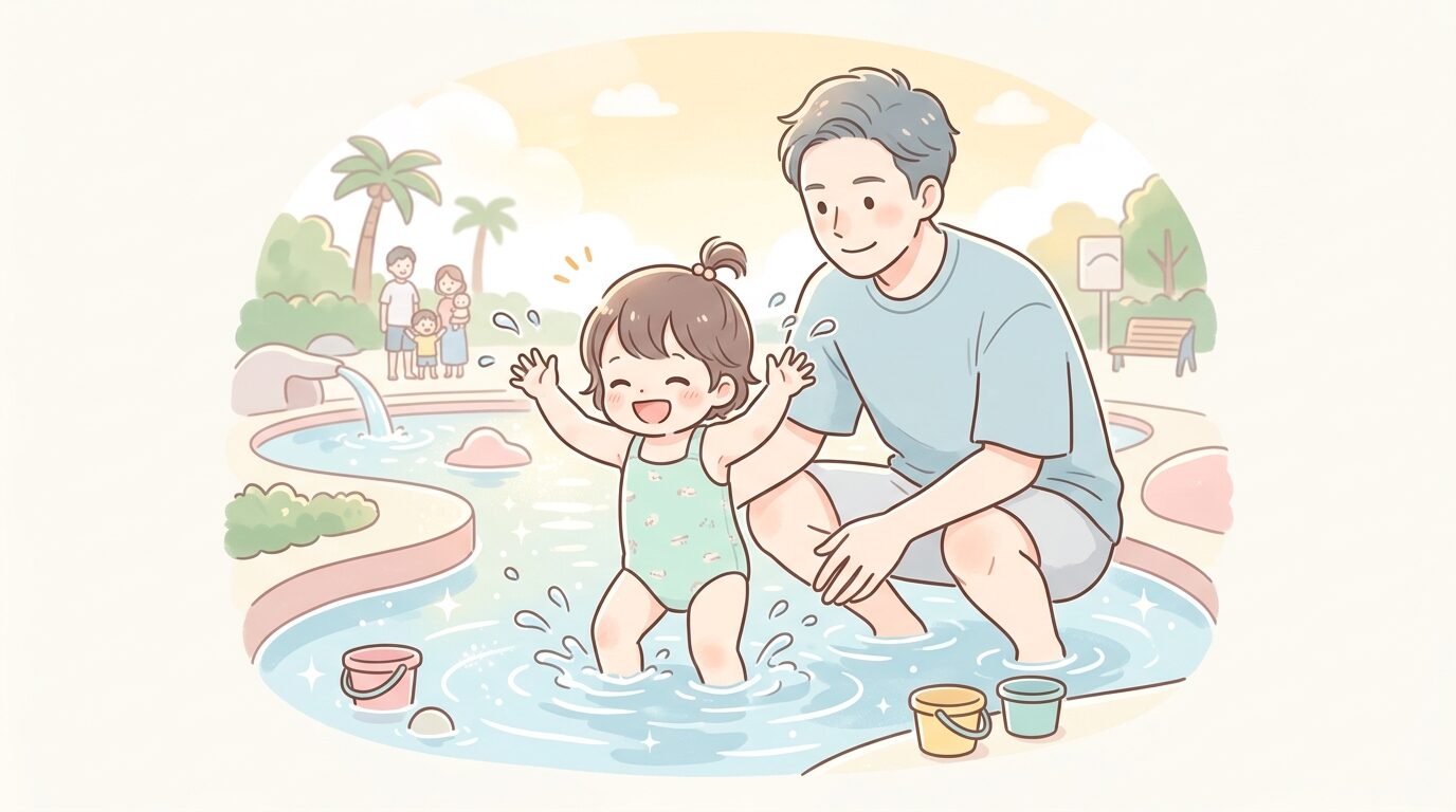 夏の浅い水遊び場で水しぶきを上げて楽しむ2歳くらいの子どもと見守る父親