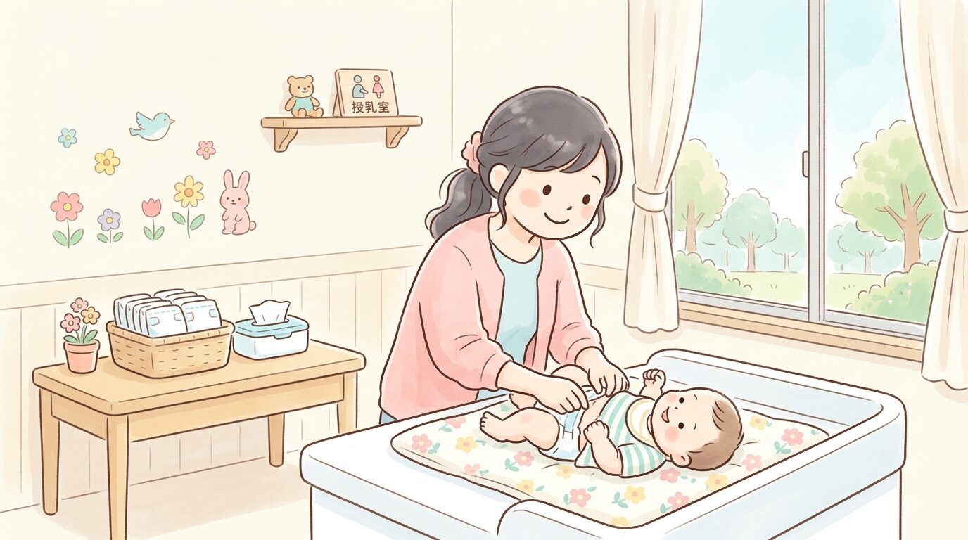 授乳室でベビーシートに赤ちゃんを寝かせておむつを替える母親の柔らかい光の中の様子