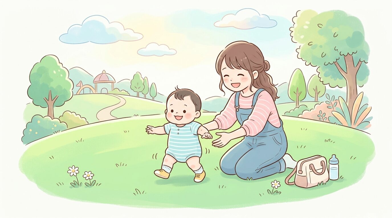芝生広場でよちよち歩きの1歳児と見守る母親が笑い合う穏やかな午前の情景
