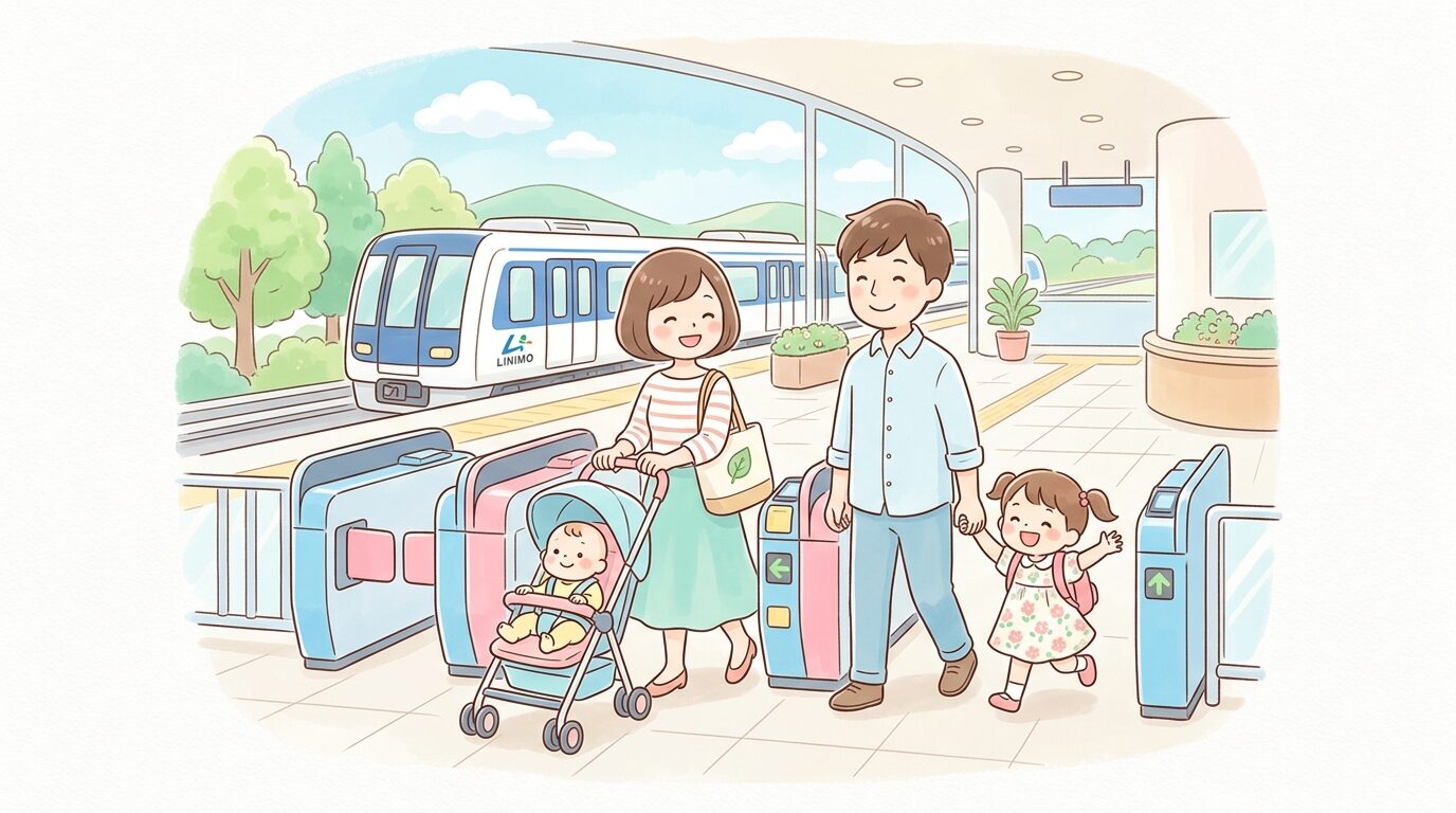 リニモの車両を背景にベビーカーを押しながら改札を出る家族連れ