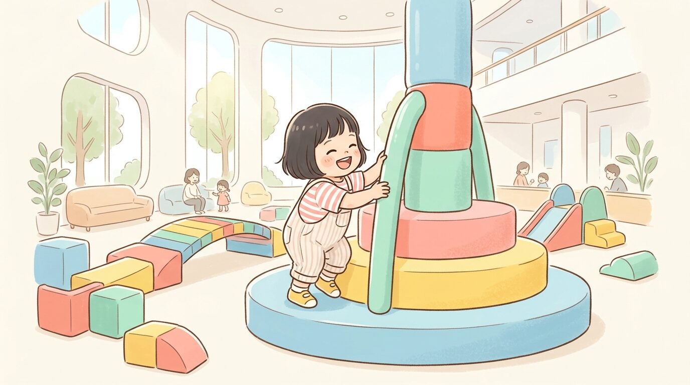 児童総合センターの明るいアトリウムでカラフルな室内遊具に触れる2歳児の姿