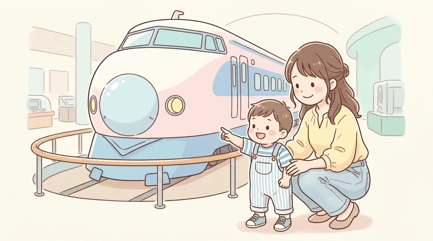 京都鉄道博物館の館内で新幹線の車両を指さして喜ぶ1歳児と、その様子を見守る母親
