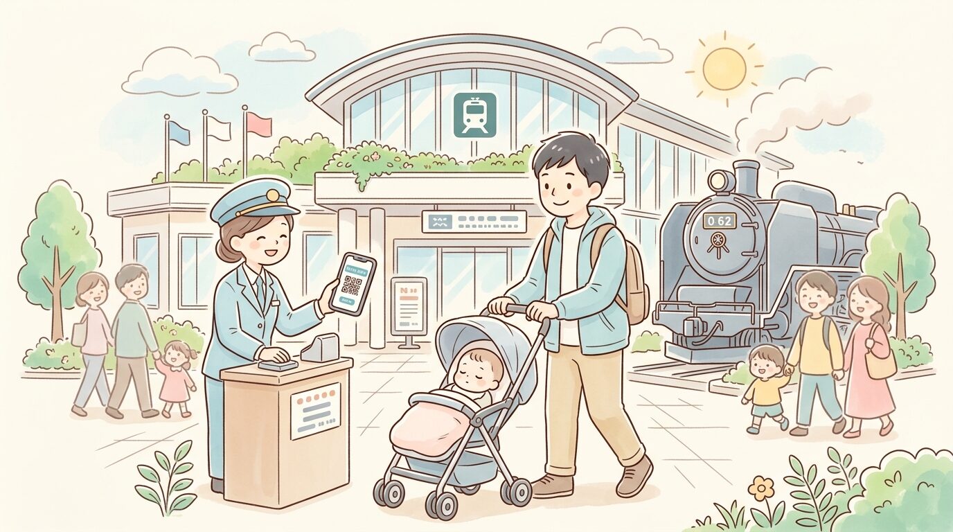 京都鉄道博物館の入口付近でベビーカーを押しながら前売りチケットをスマートフォンで提示する父親