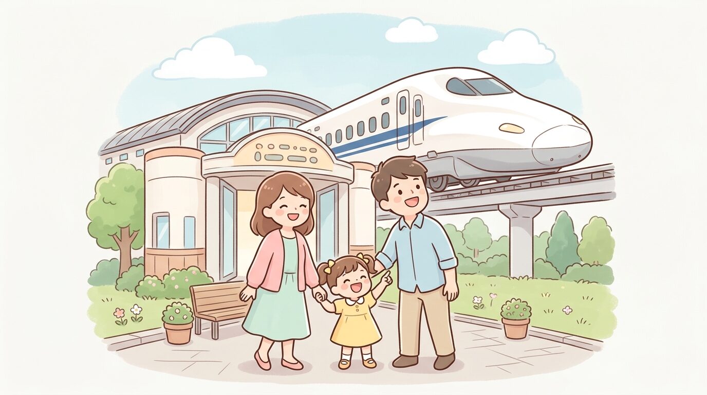 名古屋リニア・鉄道館の入口で新幹線の展示を見上げて笑顔になる親子連れ