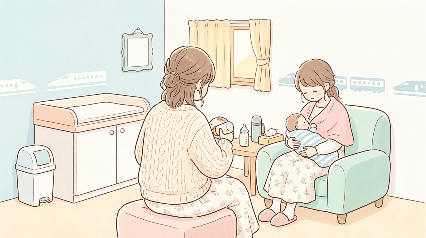 リニア・鉄道館の授乳室で赤ちゃんにミルクをあげる母親の後ろ姿