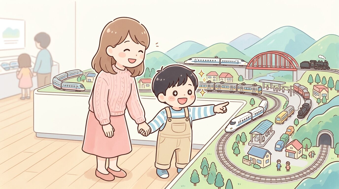 巨大な鉄道ジオラマの前で目を輝かせながら指をさす3歳くらいの子ども