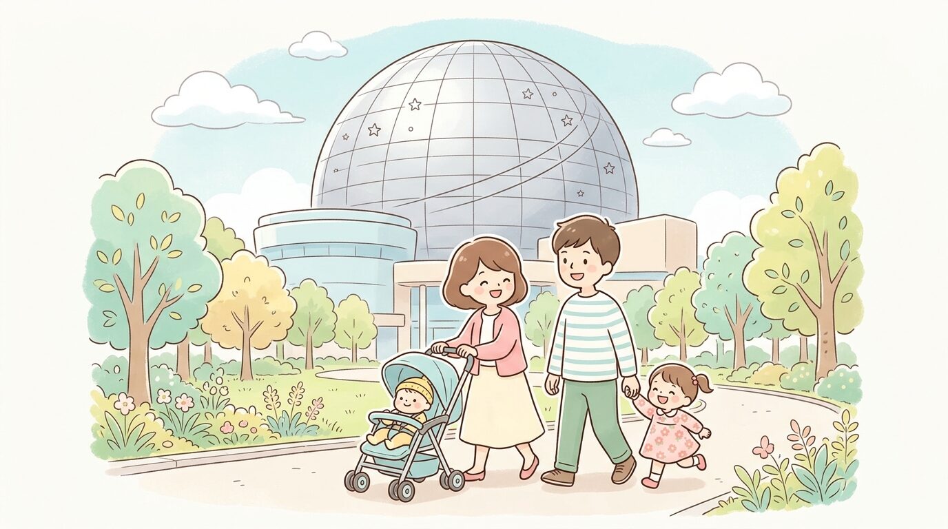 名古屋市科学館の外観と大きな球体のプラネタリウムドーム、白川公園の緑を背景にベビーカーを押す家族