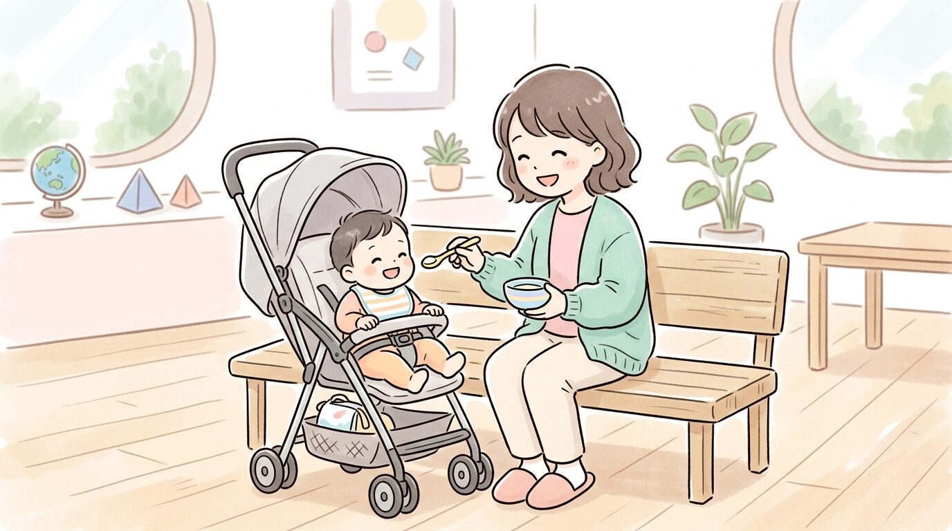 科学館の休憩スペースのベンチで、ベビーカーの横に座って離乳食を食べさせる母親と赤ちゃん