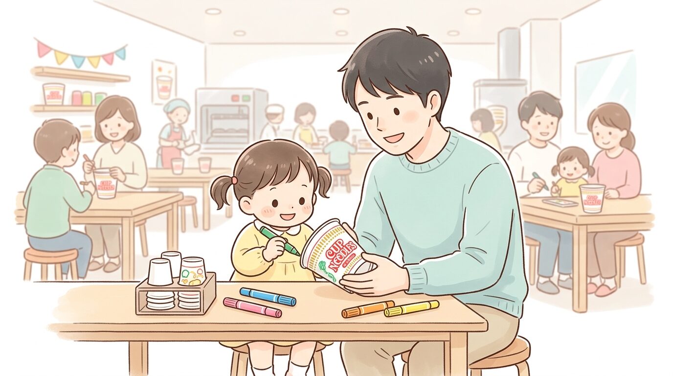 マイカップヌードルファクトリーでオリジナルカップの絵付けをする幼児と付き添う父親