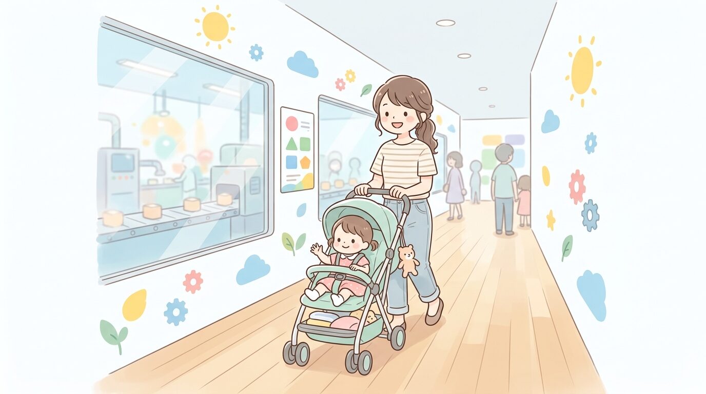 明るい工場見学施設の通路をベビーカーを押しながら歩く母親と幼児の後ろ姿