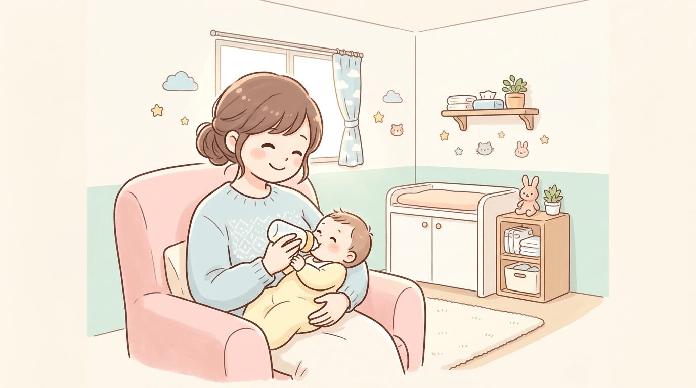 工場見学施設の授乳室で赤ちゃんにミルクをあげる母親、清潔で明るい室内