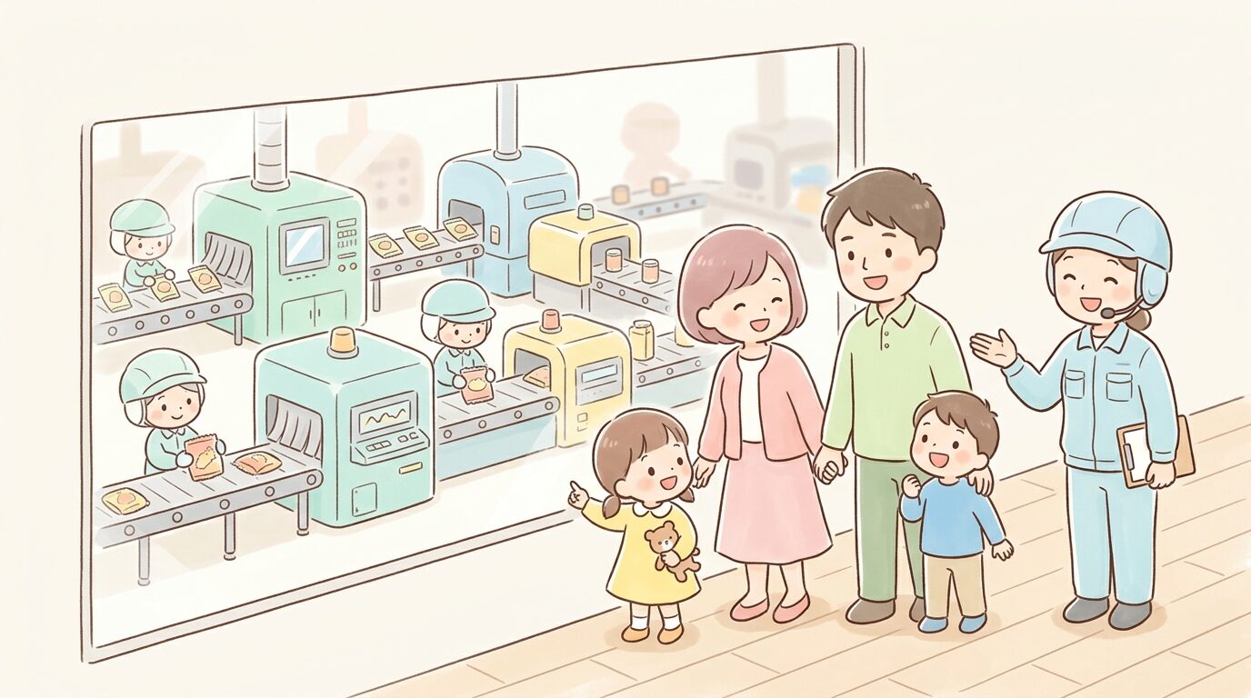家族連れがガイドの説明を聞きながら工場のガラス越しに製造ラインを見学している様子