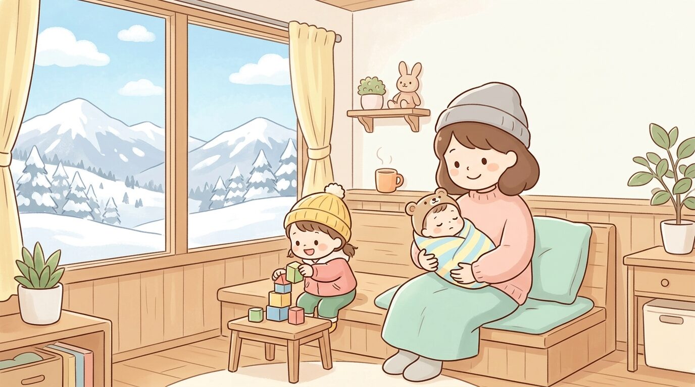 雪山を背景にした暖かそうな休憩室で、赤ちゃんを抱っこして微笑む母親と隣で遊ぶ幼児