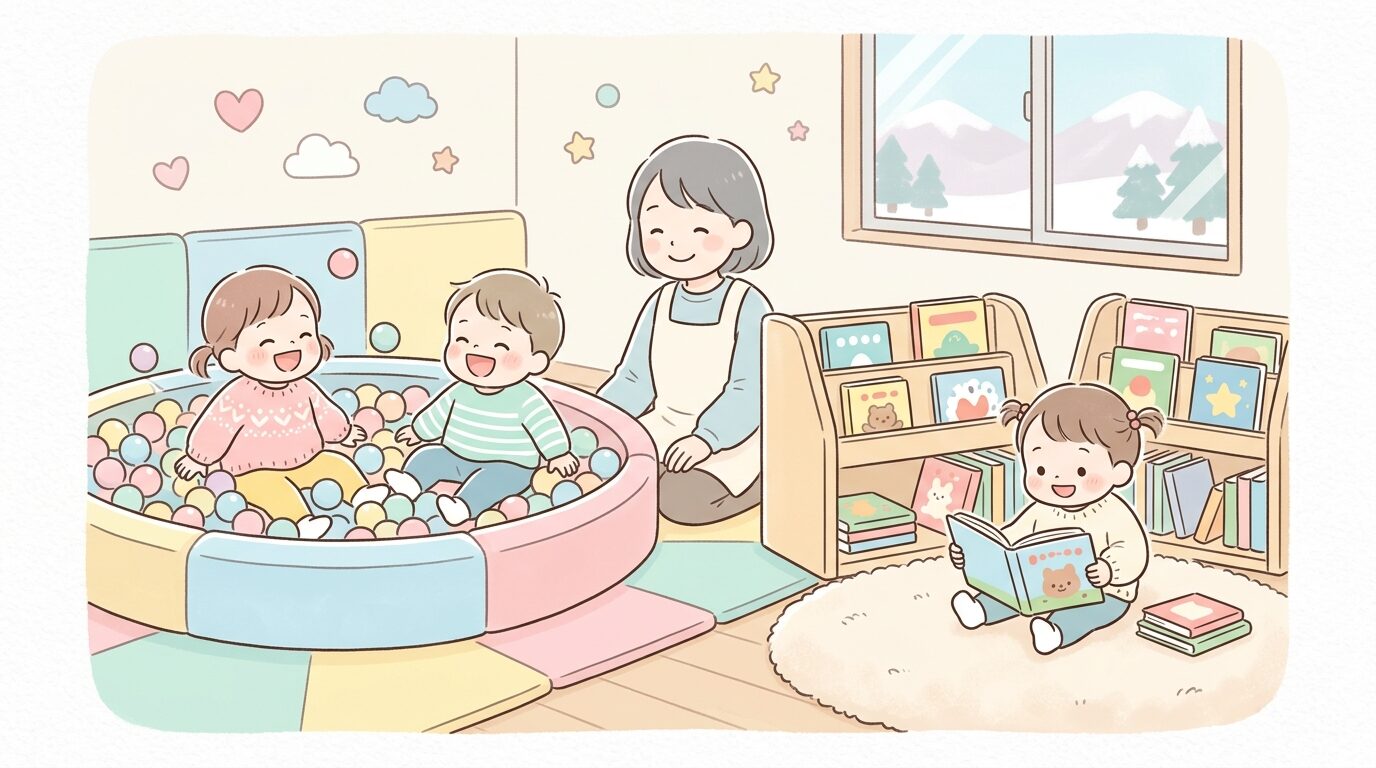 スキー場の託児所の室内で、ボールプールや絵本コーナーで楽しそうに遊ぶ2歳くらいの子どもたち