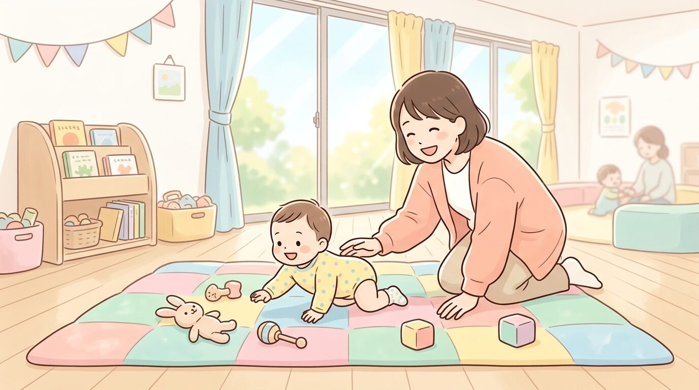 明るい室内の子育て広場で、カラフルなマットの上で赤ちゃんとハイハイ遊びをする母親