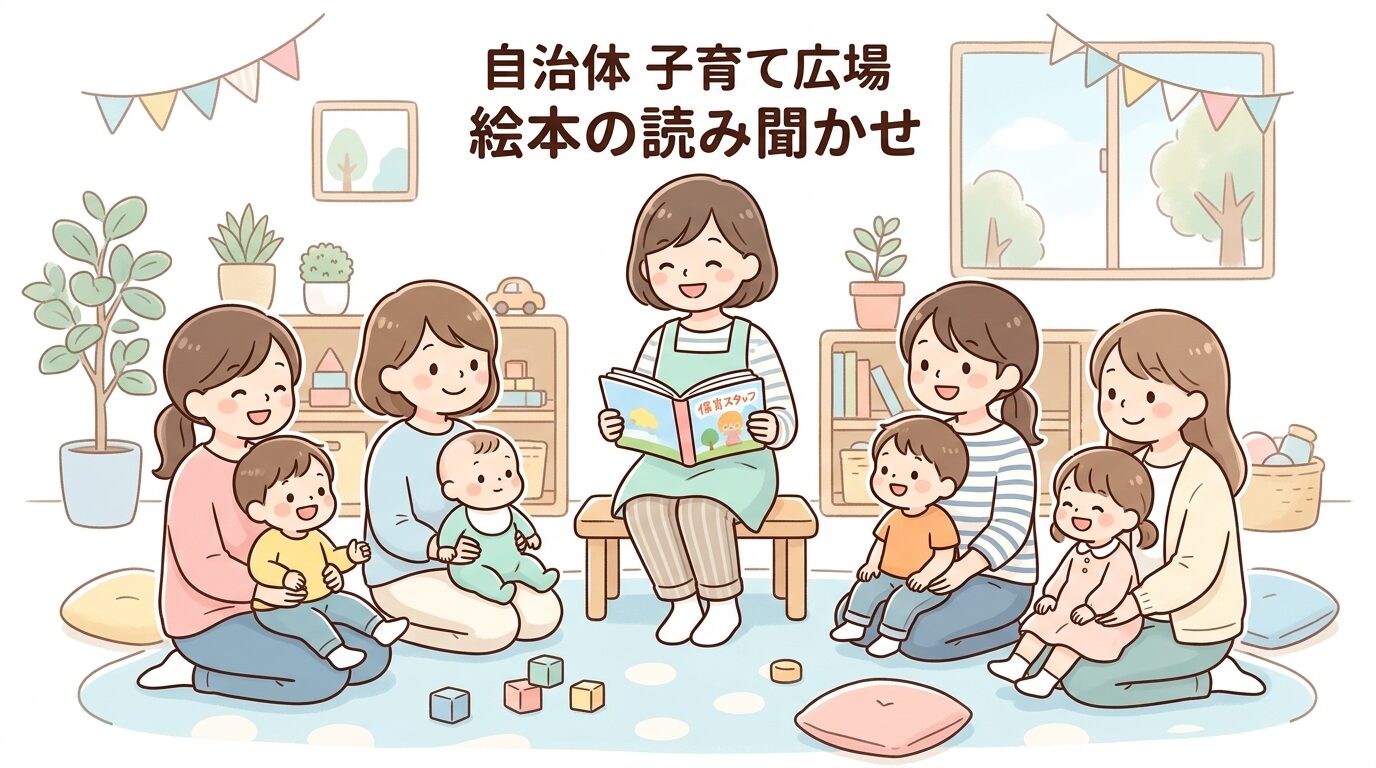 子育て広場のイベントで絵本の読み聞かせを楽しむ複数の親子と保育スタッフ