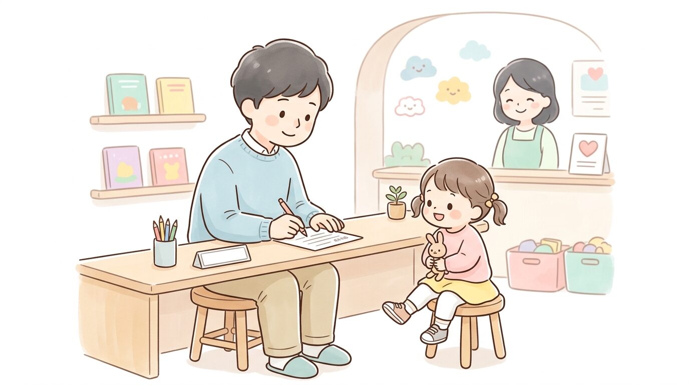子育て広場の受付カウンターで利用登録カードを記入する父親と隣で待つ幼児